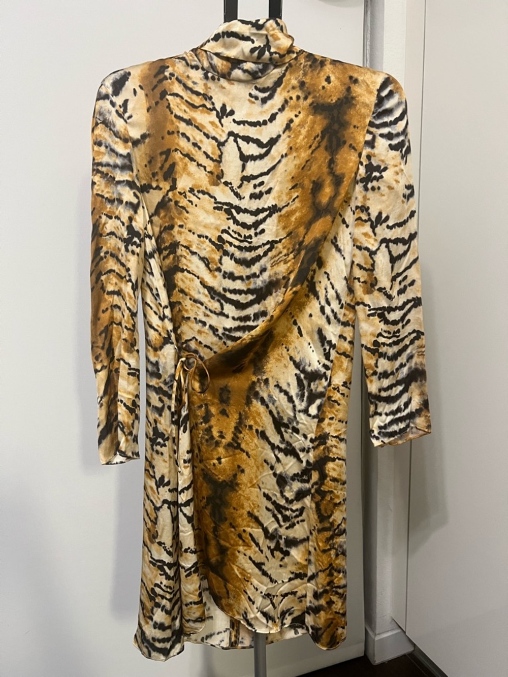 Zara Tiger Animal Print Satin Wrap Midi Dress XS NWT